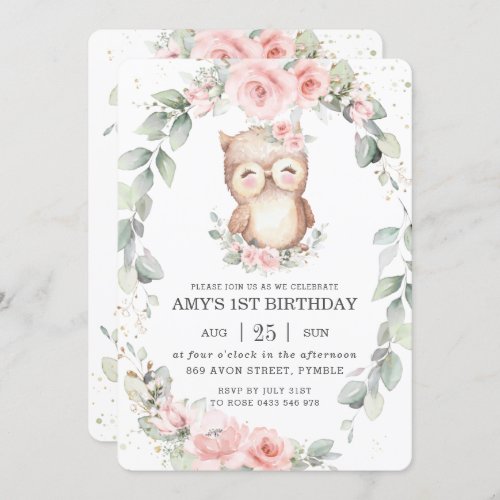 Cute Owl Whimsical Pink Floral Greenery Birthday  Invitation