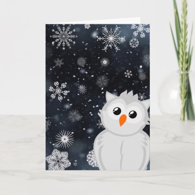 Cute Owl Winter Snow Wonderful New Years Eve Night Holiday Card (Front)