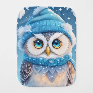 Cute owl with a blue hat illustration baby burp cloth