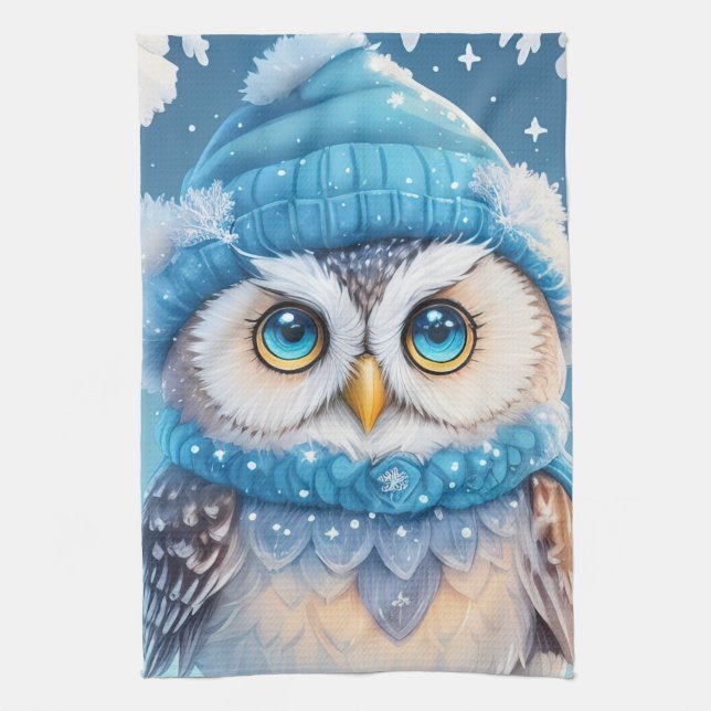 Cute owl with a blue hat illustration kitchen towel (Vertical)