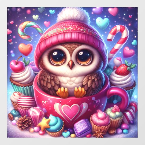 Cute owl with a hat in a cup surrounded by sweets window cling