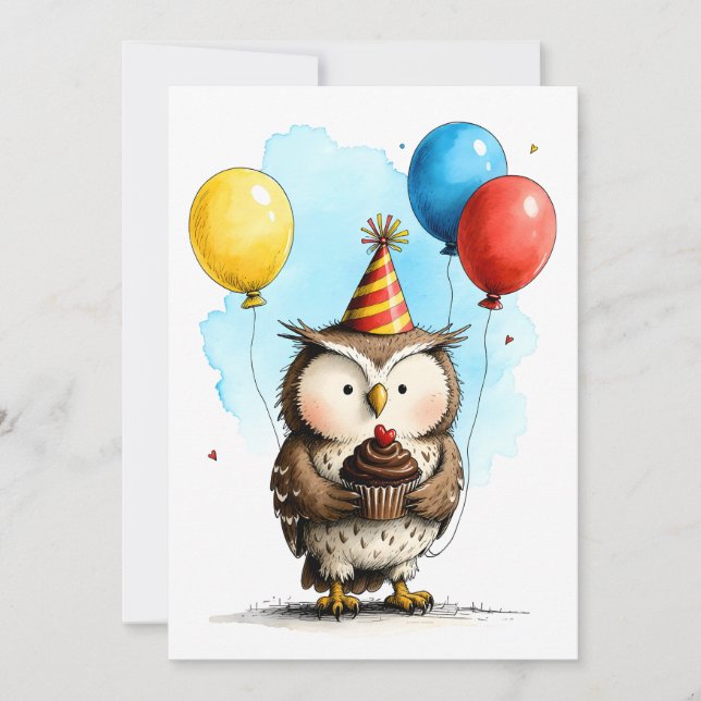 Cute Owl with Cupcake Kid's Happy Birthday Flat Card (Front)