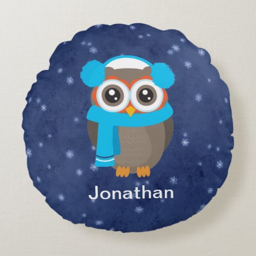 Cute Owl with Ear Muffs and Scarf on Blue Round Pillow