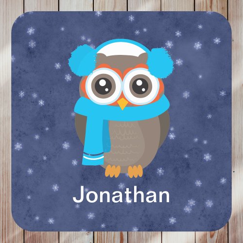 Cute Owl with Ear Muffs and Scarf on Blue Square Paper Coaster