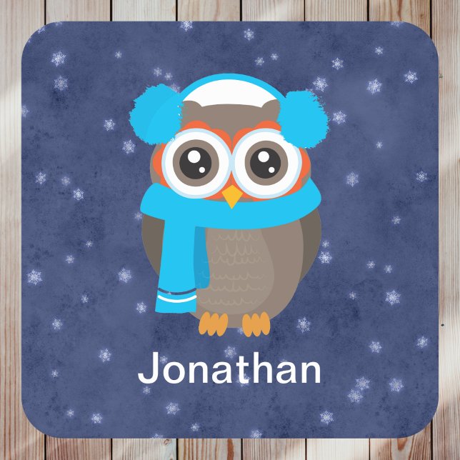 Cute Owl with Ear Muffs and Scarf on Blue Square Paper Coaster (Creator Uploaded)