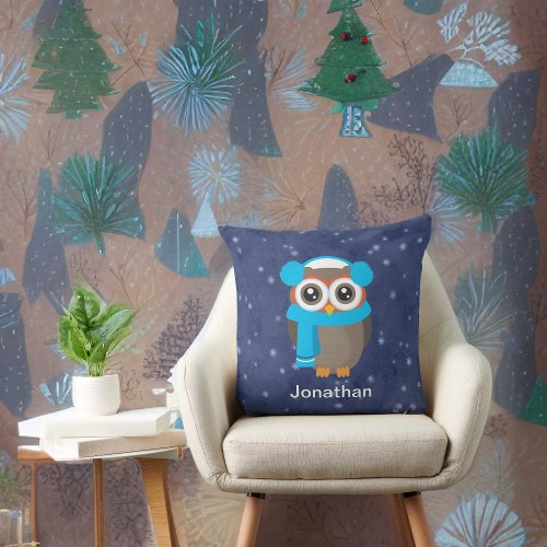 Cute Owl with Ear Muffs and Scarf on Blue Throw Pillow