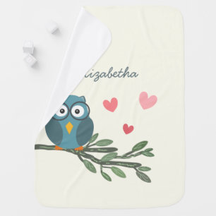 Cute Owl with eyeglasses on a branch custom name Baby Blanket
