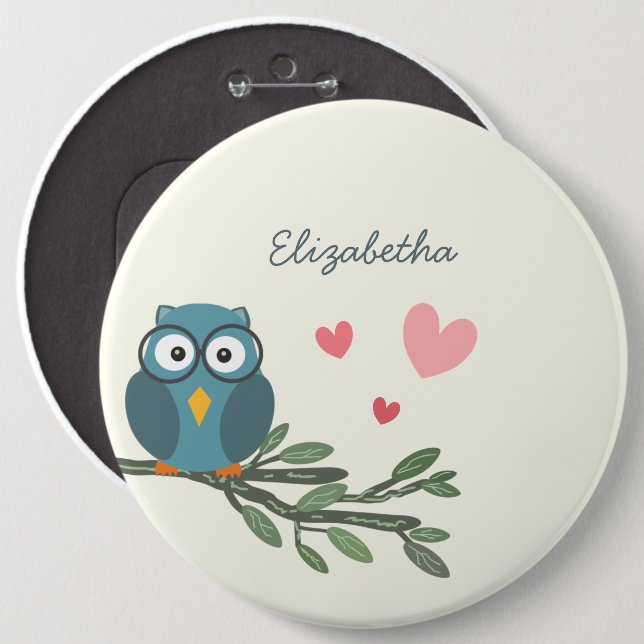 Cute Owl with eyeglasses on a branch custom name Button (Front & Back)
