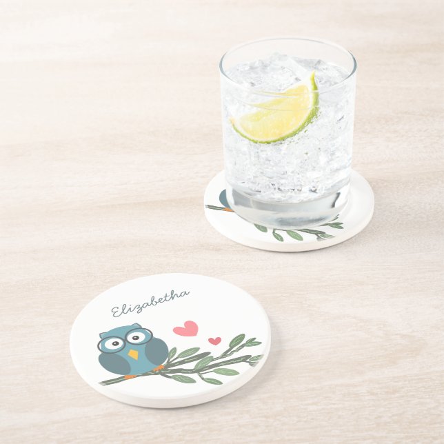 Cute Owl with eyeglasses on a branch custom name Coaster (Side)
