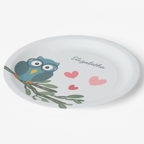 Cute Owl with eyeglasses on a branch custom name Paper Plates