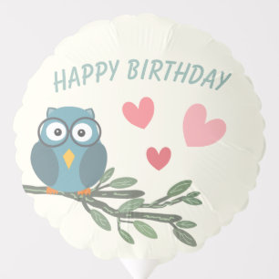 Cute Owl with eyeglasses on branch happy birthday Balloon