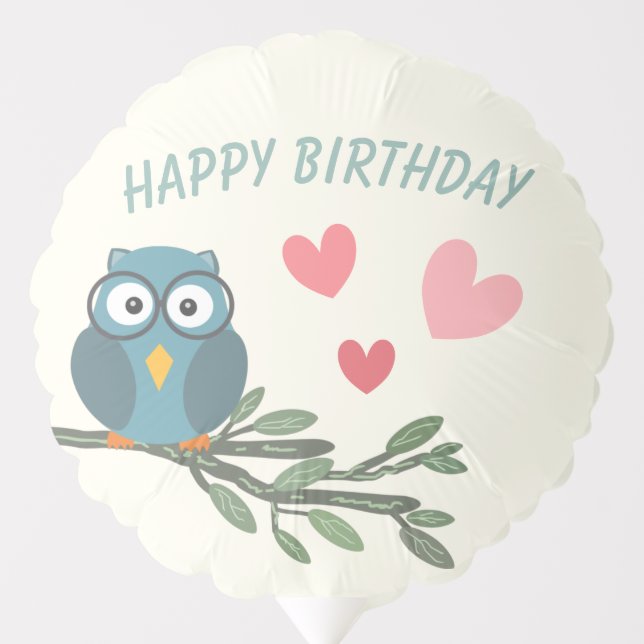 Cute Owl with eyeglasses on branch happy birthday Balloon (Front)