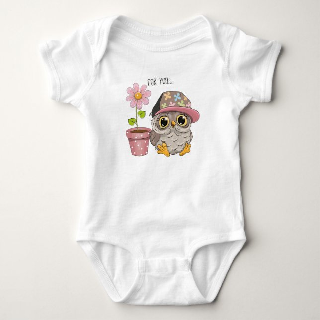 Cute Owl with Flower Baby Bodysuit - Sweet Floral  (Front)