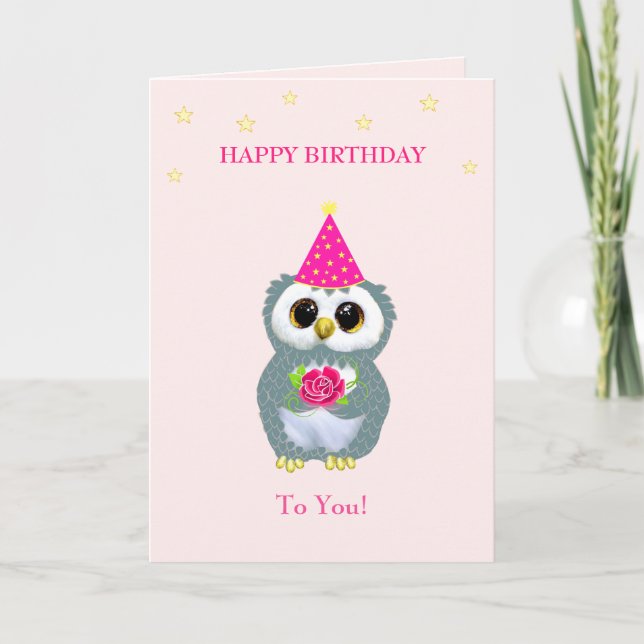 Cute Owl with Flower & Birthday Wishes on Pink Card (Front)