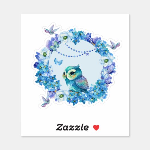 Cute owl with flowers and hummingbirds  sticker
