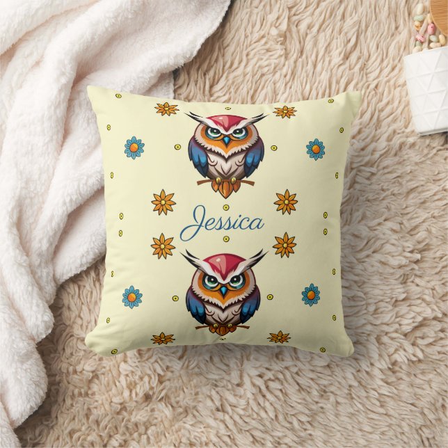 Cute owl with flowers kids throw pillow (Blanket)