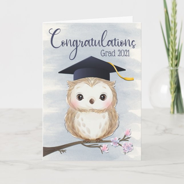 Cute Owl with Graduation Hat for Happy Graduation Card (Front)