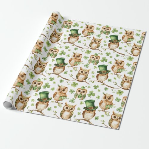 Cute Owl with Green Hat Shamrock St Patricks Day Wrapping Paper