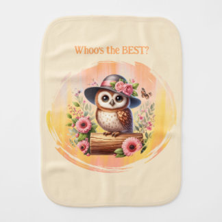 Cute Owl with Hat & Floral Scene Baby Burp Cloth