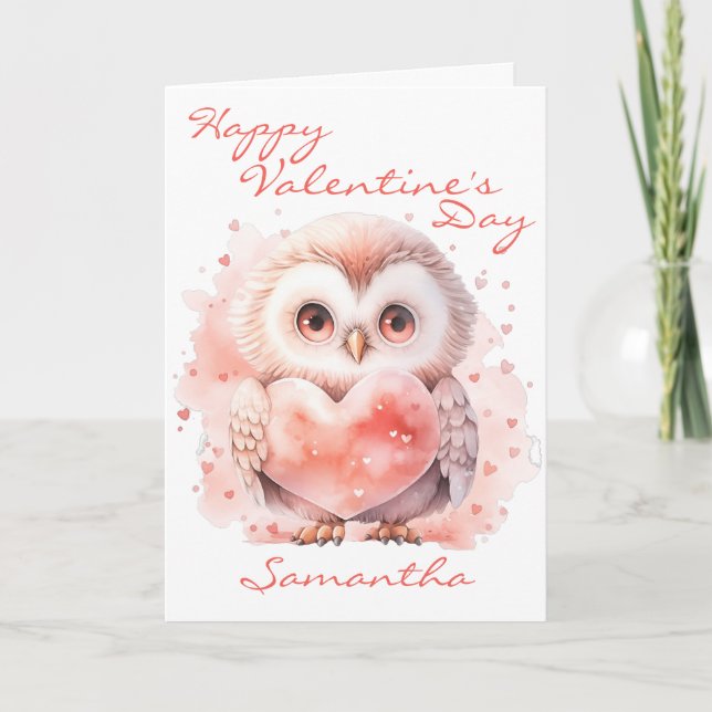 Cute Owl with Heart Valentine's Day Card (Front)