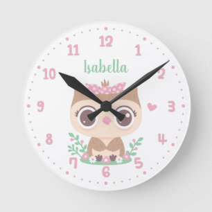 Cute Owl with Pink Bow, Girls Room Personalized Round Clock