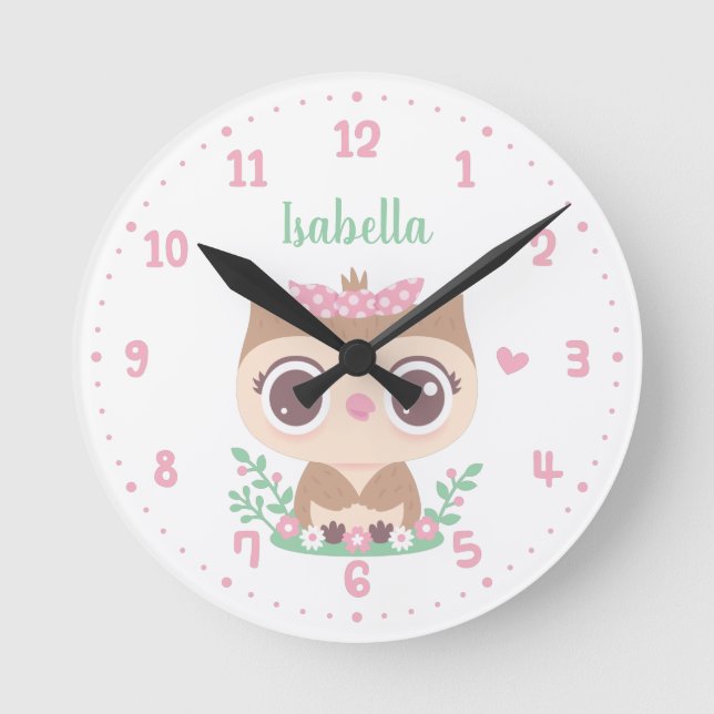 Cute Owl with Pink Bow, Girls Room Personalized Round Clock (Front)