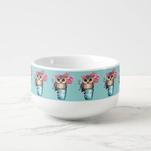 Cute owl with pink flowers on blue background soup mug