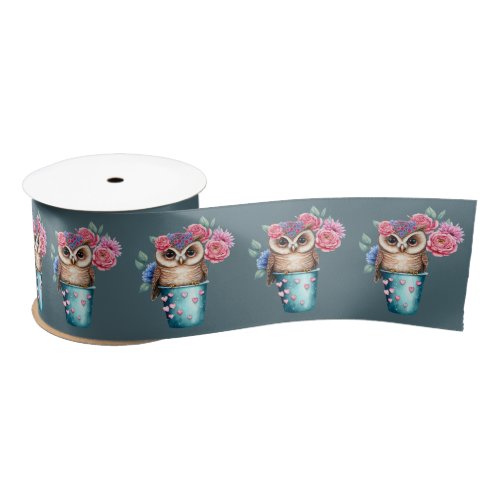 Cute owl with pink flowers on grayish background satin ribbon