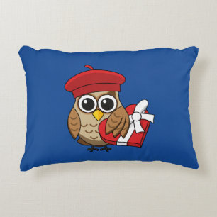 Cute Owl with Red Beret and Heart Box Accent Pillow