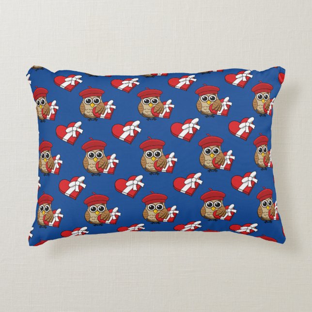 Cute Owl with Red Beret and Heart Box Accent Pillow (Front)