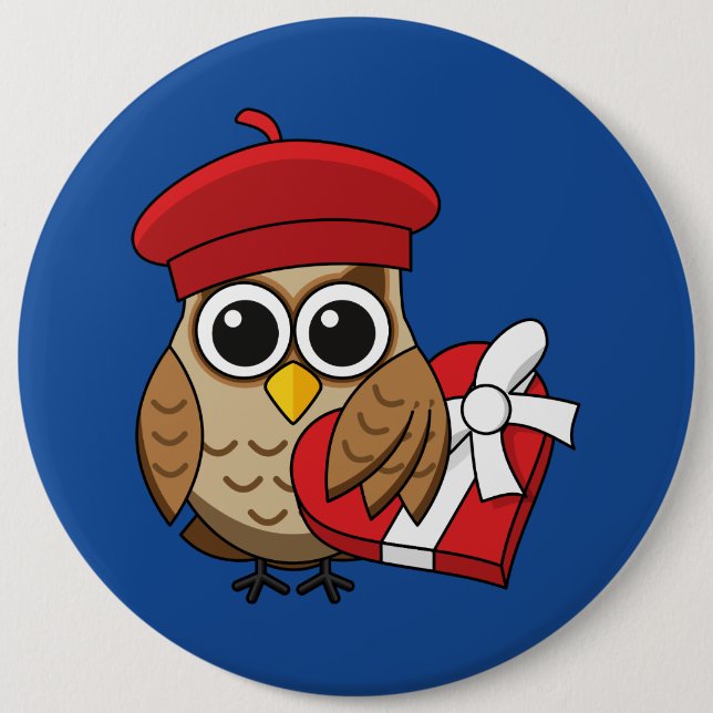 Cute Owl with Red Beret and Heart Box Button (Front)