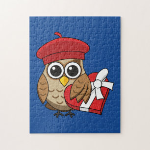 Cute Owl with Red Beret and Heart Box Jigsaw Puzzle