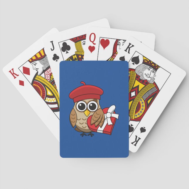 Cute Owl with Red Beret and Heart Box Poker Cards (Back)