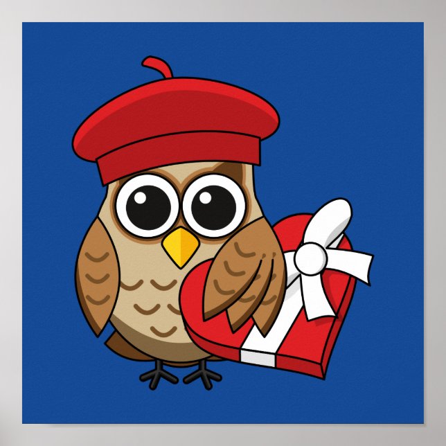 Cute Owl with Red Beret and Heart Box Poster (Front)