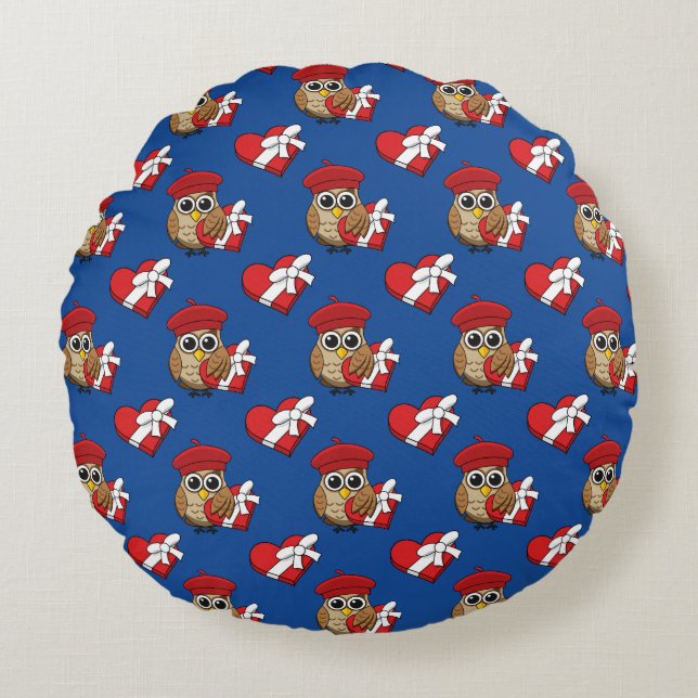 Cute Owl with Red Beret and Heart Box Round Pillow (Front)