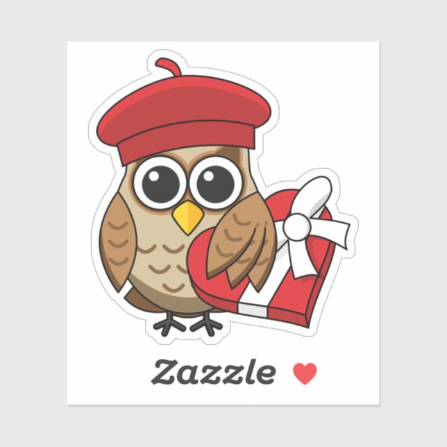 Cute Owl with Red Beret and Heart Box Sticker (Sheet)