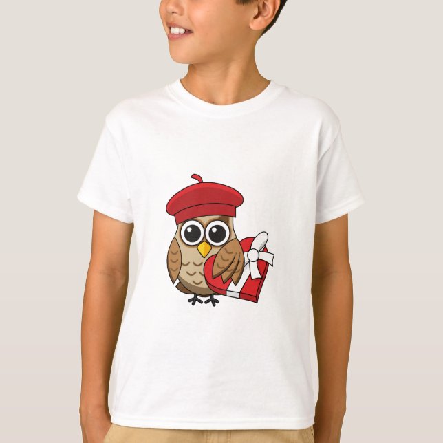 Cute Owl with Red Beret and Heart Box T-Shirt (Front)