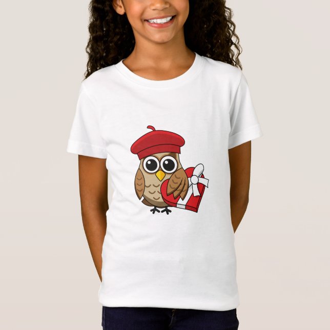 Cute Owl with Red Beret and Heart Box T-Shirt (Front)