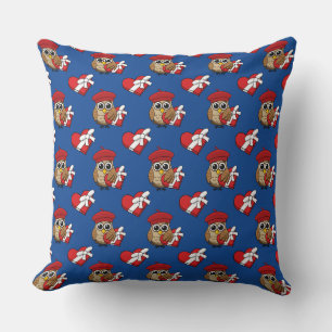 Cute Owl with Red Beret and Heart Box Throw Pillow