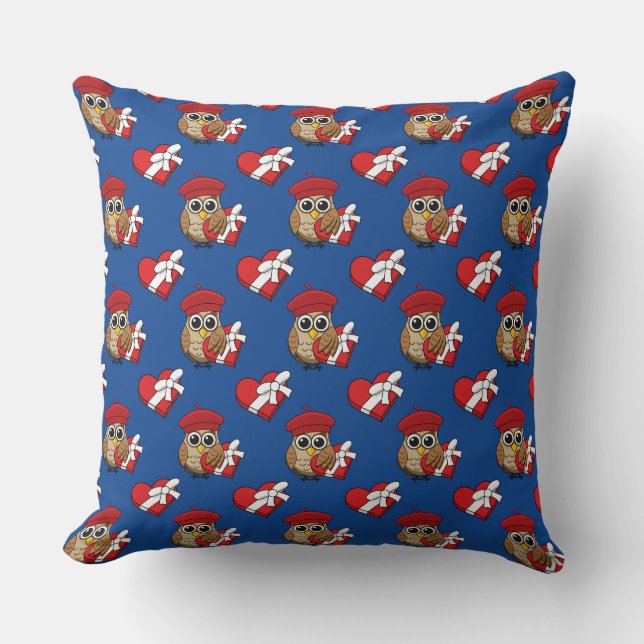 Cute Owl with Red Beret and Heart Box Throw Pillow (Front)