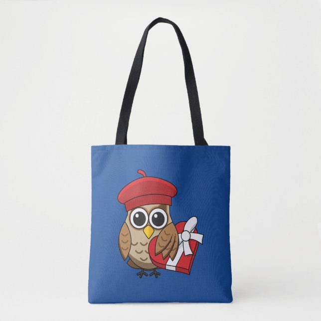 Cute Owl with Red Beret and Heart Box Tote Bag (Front)