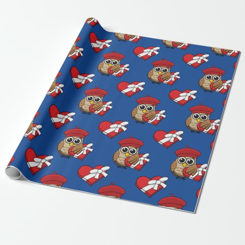 Cute Owl with Red Beret and Heart Box Wrapping Paper
