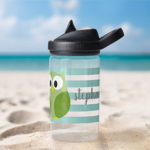 Cute Owl with Stripes - Script Name - blue green Water Bottle