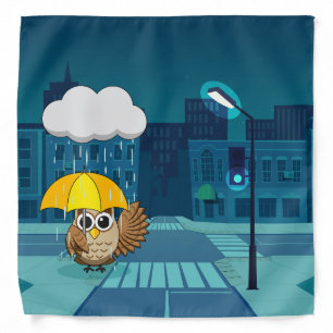 Cute Owl with Umbrella on Rainy Day Bandana