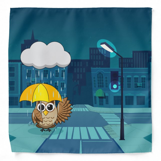 Cute Owl with Umbrella on Rainy Day Bandana (Front)