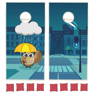 Cute Owl with Umbrella on Rainy Day Cornhole Set
