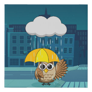 Cute Owl with Umbrella on Rainy Day Faux Canvas Print