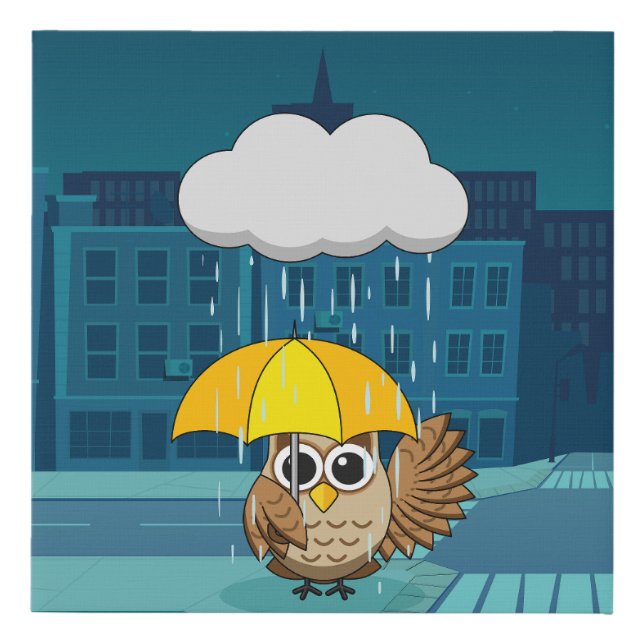 Cute Owl with Umbrella on Rainy Day Faux Canvas Print (Front)