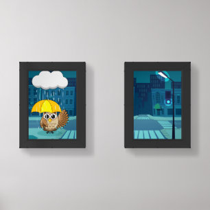 Cute Owl with Umbrella on Rainy Day Wall Art Sets
