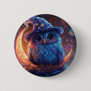 Cute Owl Wizard on the Moon: Magical Fantasy Art Button